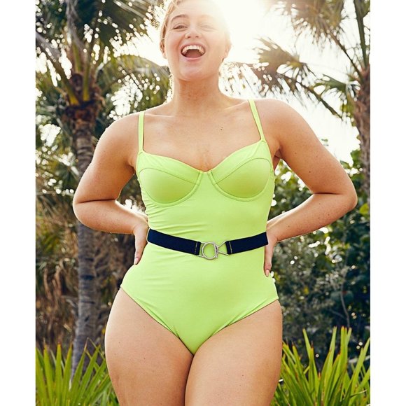 Aerie One Piece Swimsuit Belted Neon Green Summer Medium Demi Bra Bathing Suit - Picture 1 of 9